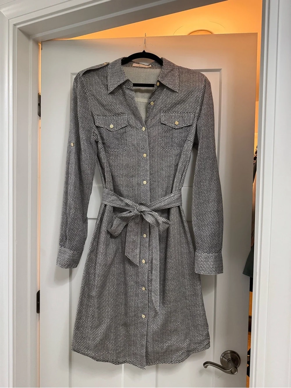 Tory Burch Zig Zag Shirt Dress with Tie Waist